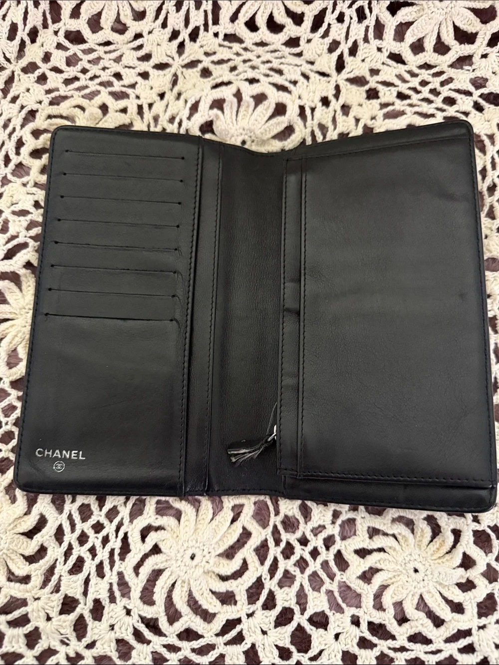 CHANEL Black Patent Leather Wallet with Multicolor Camellia Appliqués
